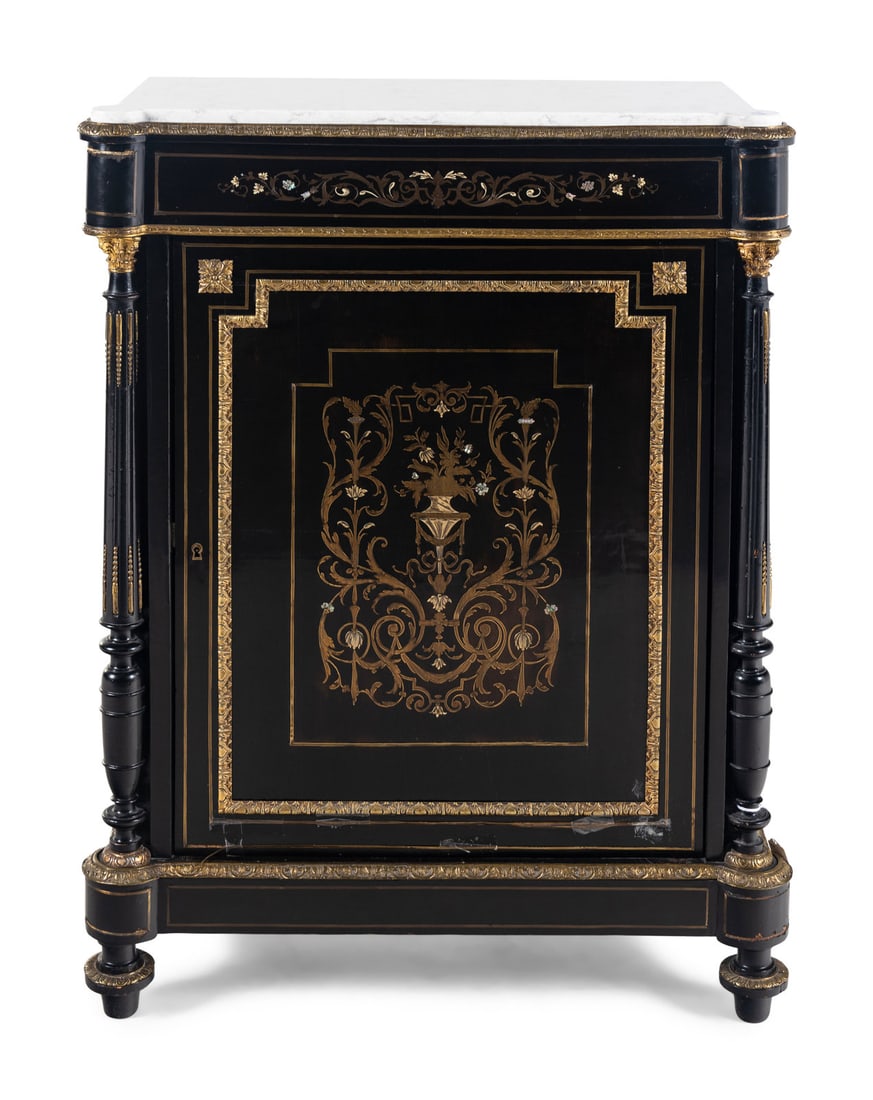 A Napoleon III Brass and Pewter Inlaid Ebonized Marble-Top Cabinet (1 of 4)