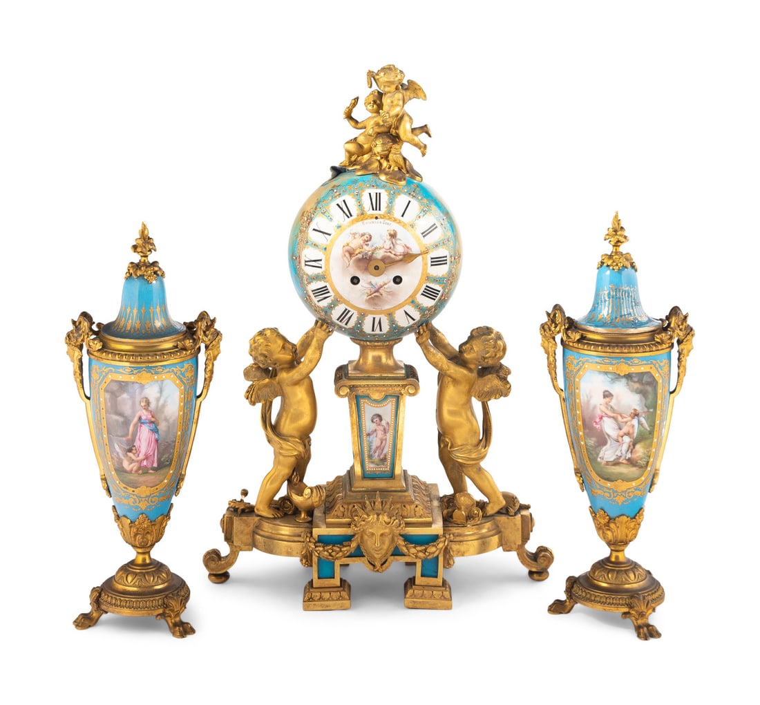 A Sèvres Style Porcelain and Gilt Bronze Mounted Three-Piece Clock Garniture (1 of 10)