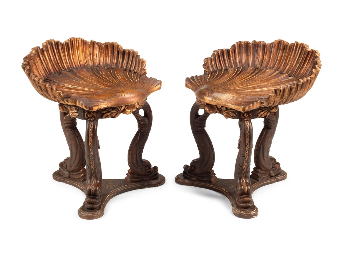 A Pair of Grotto Style Gilt and Silvered Stools: A Pair of Grotto Style Gilt and Silvered Stools 20th Century Height 21 x width 20 x depth 20 inches. This lot is located in Chicago.