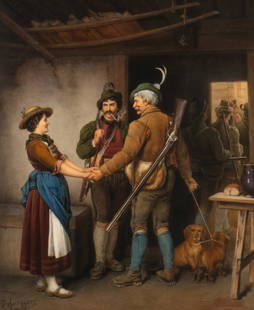 A Berlin (K.P.M.) Porcelain Plaque Depicting The Parting of the Hunter After Franz Von DeFregger: A Berlin (K.P.M.) Porcelain Plaque Depicting The Parting of the Hunter After Franz Von DeFregger 19th Century having impressed K.P.M. and scepter mark over H and numbered 11- C1 to the underside, sign