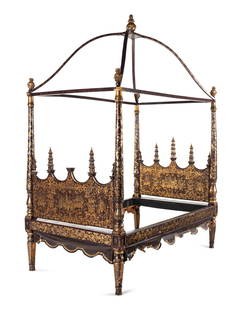 A Chinese Export Brown and Gold Lacquer Four-Post Canopy Bed: A Chinese Export Brown and Gold Lacquer Four-Post Canopy Bed 19th Century Height 115 x length 89 x width 54 inches. This lot is located in Chicago. Provenance: By repute, Brighton Pavilion Sotheby Par