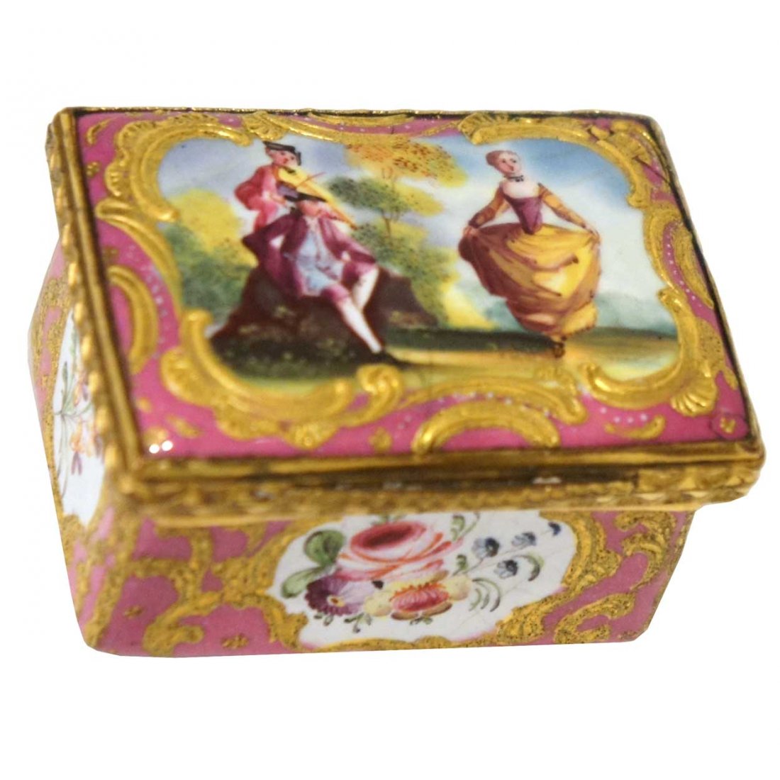 A Small French Enamel Patch Box, Height 1 x width 1: A Small French Enamel Patch Box, circa 1770, of rectangular form, with gilt metal mounts and enameled with gilt cartouches on a pink ground; the lid with a courting couple and violinist, and the sides