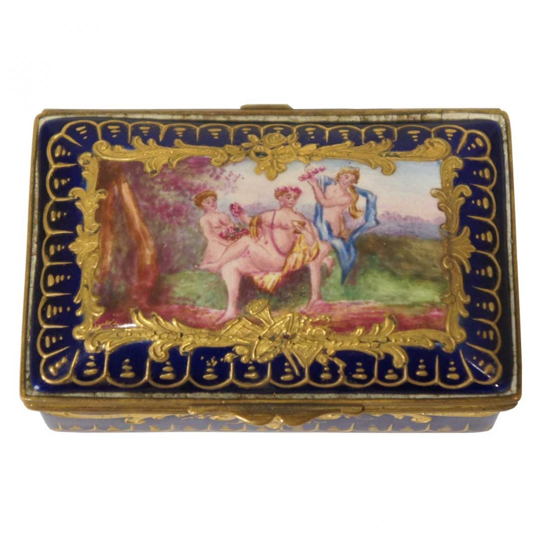 A French Sèvres Style Enameled Porcelain Snuff Box,: A French Sèvres Style Enameled Porcelain Snuff Box, 19th century, of rectangular form, with a cobalt ground and raised gilt decoration; the lid with a Bacchus scene with a scrolled border. Height 1 1