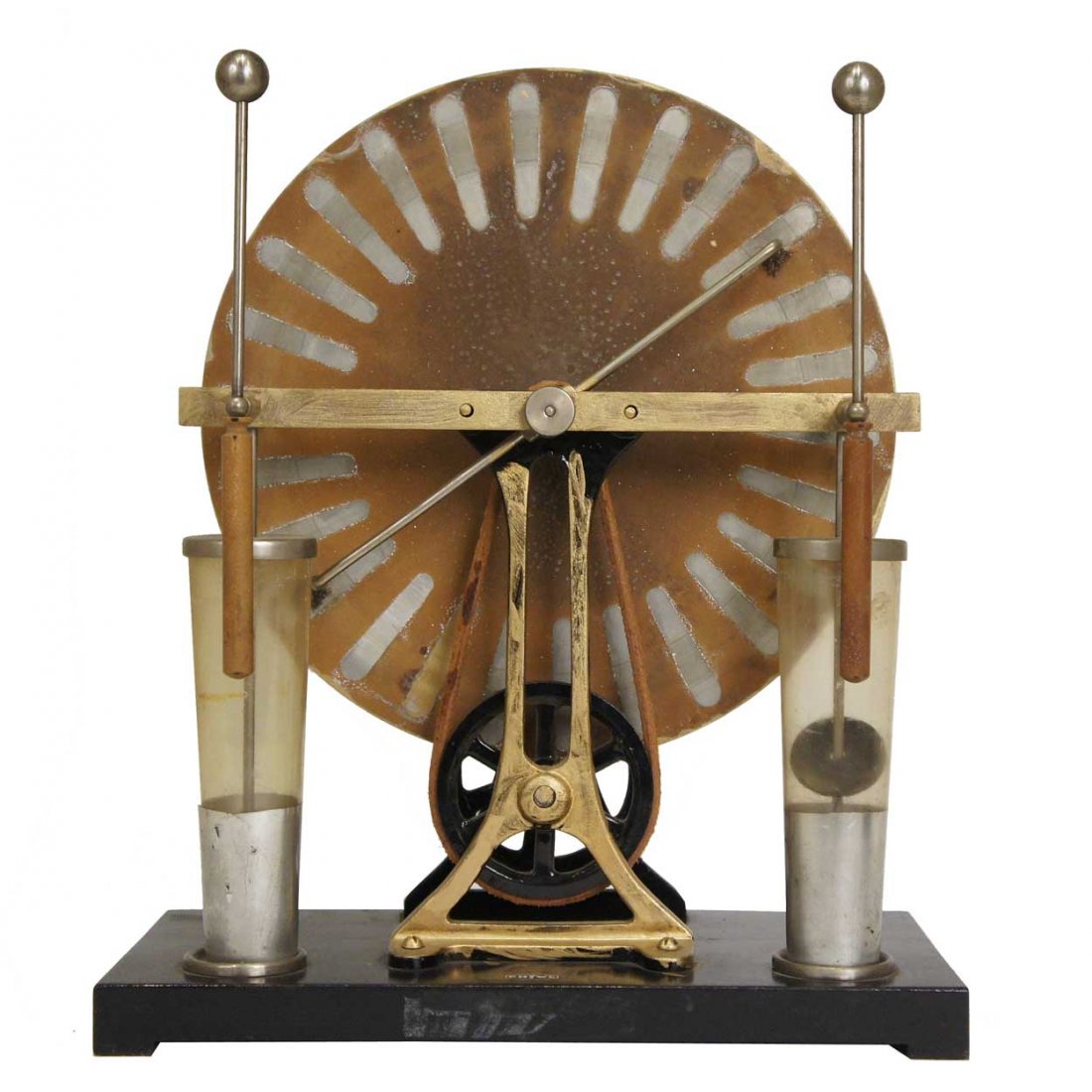 A German Brass Influence Machine Electrostatic Gen: A German Brass Influence Machine Electrostatic Generator, Phywe, circa 1940, marked: Phywe. Height 14 x width 12 x depth 6 inches.