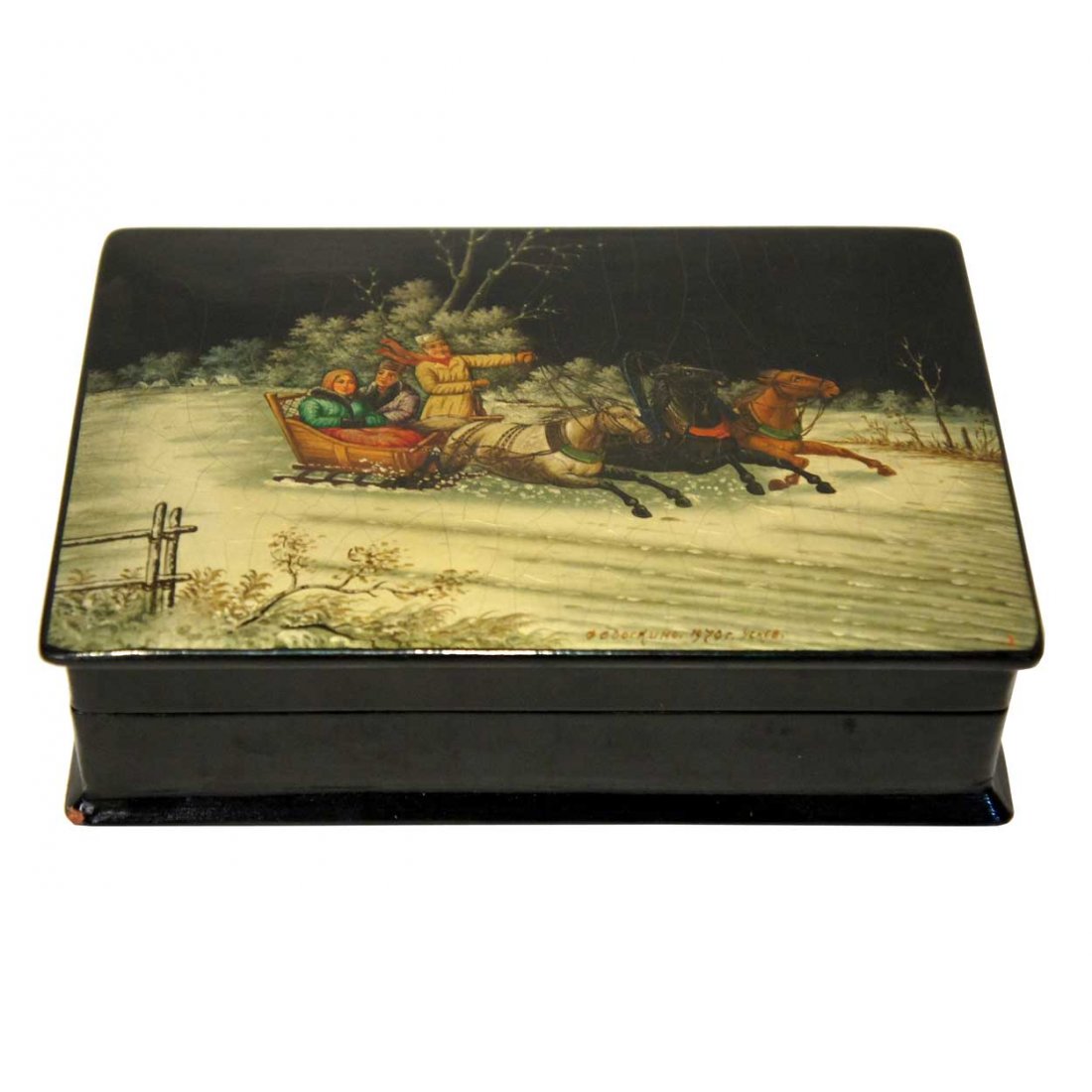 A Russian Palekh Lacquer Papier Mâché Box, Height : A Russian Palekh Lacquer Papier Mâché Box, having a papier-mâché base and black lacquered finish; the lid with a hand painted winter troika scene, dated 1970, signed Oedockuro, 1970, Yekob. Height