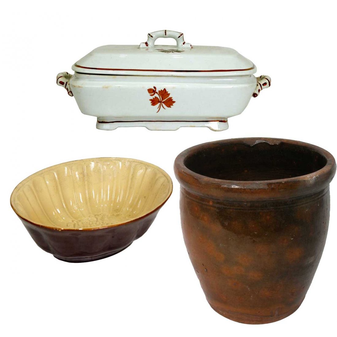 Three Pottery Serving Articles, Height of first 8: Three Pottery Serving Articles, 19th/20th century, comprising an American New England glazed redware crock, an English ironstone copper tea leaf covered tureen, Alfred Meakin and a Victorian earthenwa