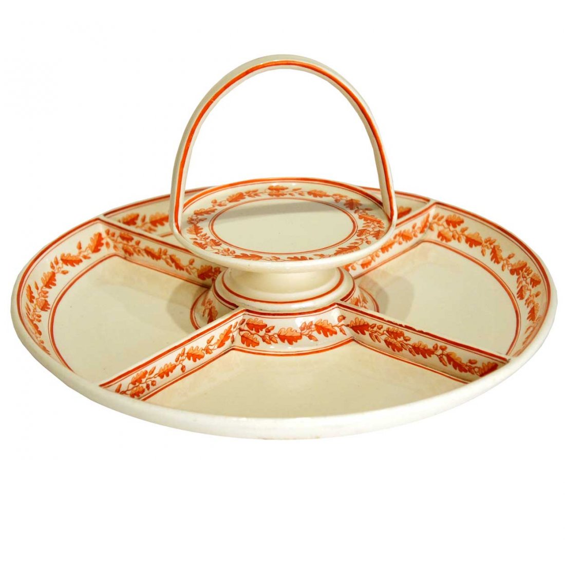 An English Wedgwood Creamware Two-Tier Tea Cake Se: An English Wedgwood Creamware Two-Tier Tea Cake Server, circa 1790, having an overhead handle above a small, footed round tray mounted atop a large, four-section, round platter, with dished edge; deco