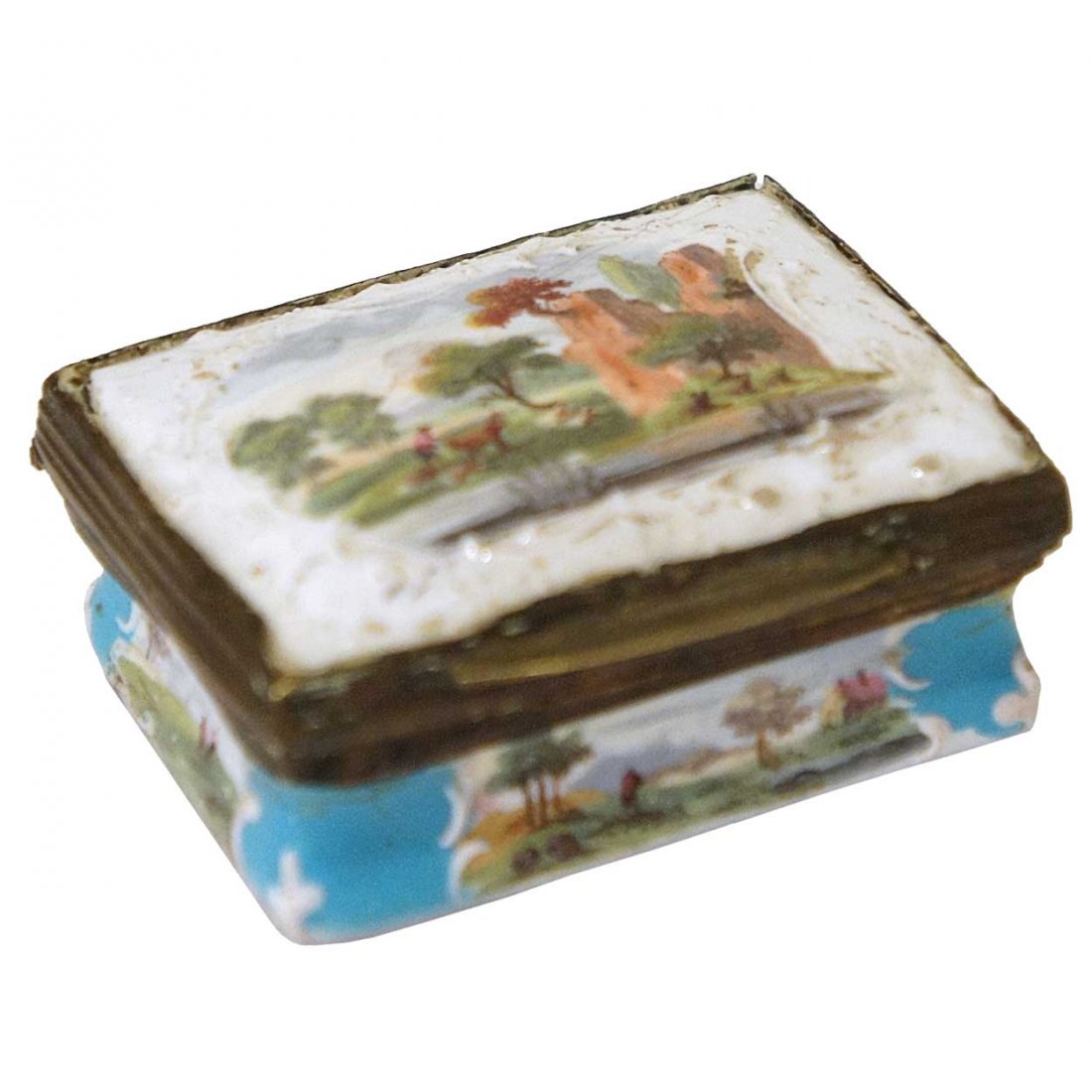 An Enamel and Copper Trinket Box, Width 2 inches.: An Enamel and Copper Trinket Box, late 18th century, likely English or French, having a hinged lid with a scroll cartouche in white relief, with a painted, idyllic farming scene; the rectangular, bomb