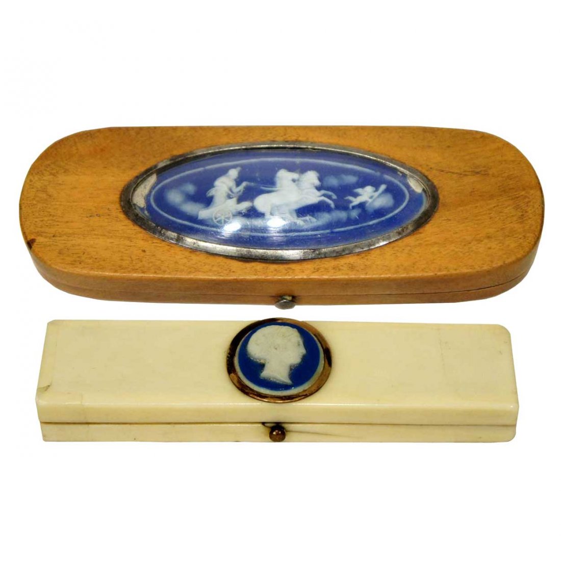 Two English George III Wedgwood Jasperware Toothpi: Two English George III Wedgwood Jasperware Toothpick Cases, circa 1810 and 1820, the first of rectangular form, the ivory box with hinged lid, centered with an oval Neoclassical bust profile of a lady