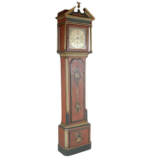 An English George III Benjamin Cope Painted Tall: An English George III Benjamin Cope Painted Tall Case Clock, 18th century, having a brass dial with Roman numerals and a broken pediment top with decorative designs adorning the door and base; in red,