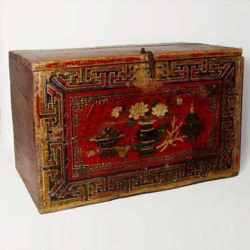 A Mongolian Painted Poplar Box, Height 16 x width : A Mongolian Painted Poplar Box, circa 1840, of rectangular form, with a hinged lid with a hand forged iron hasp, the whole painted a bright red, with a still life of flowers and fruit depicted on the 
