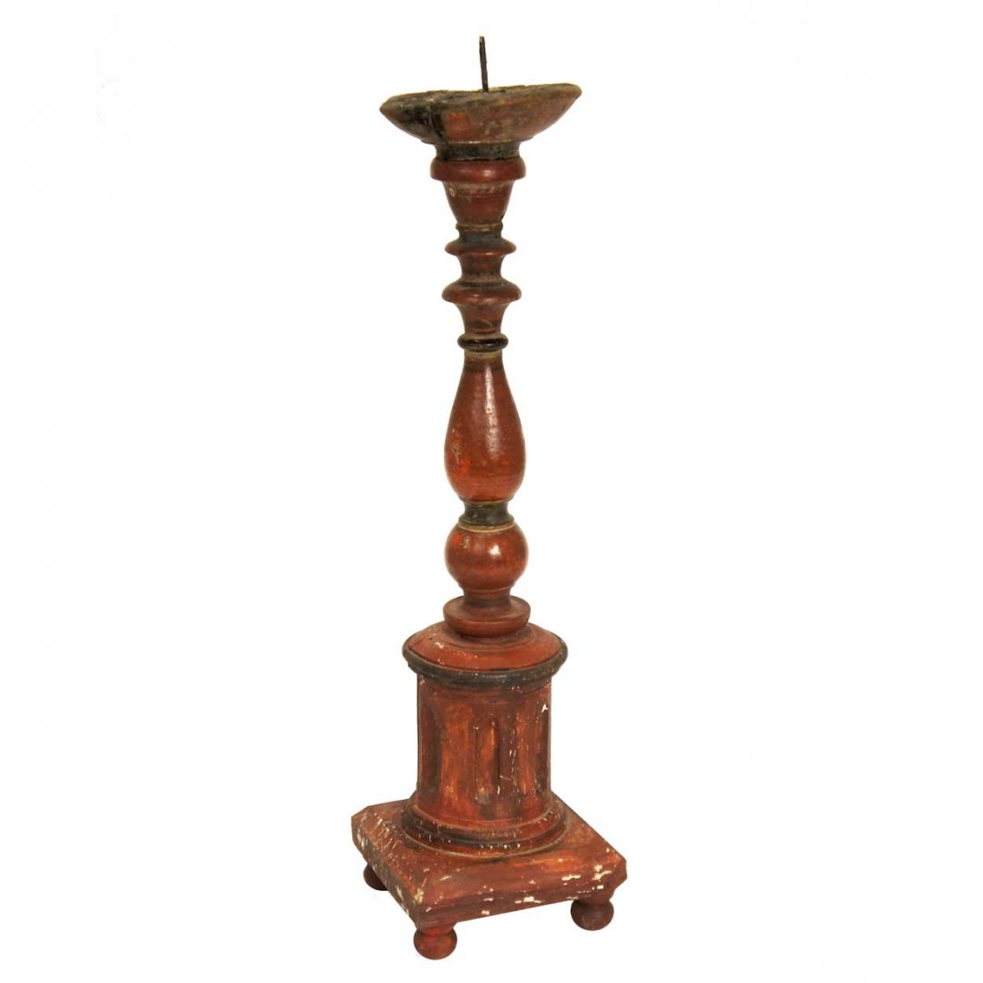 An Indo-Portuguese Painted Teak Pricket Candlestic: An Indo-Portuguese Painted Teak Pricket Candlestick, circa 1820, having a turned drip pan and baluster stem atop a fluted column that terminates on a small, square base and four ball feet. Height 16 x