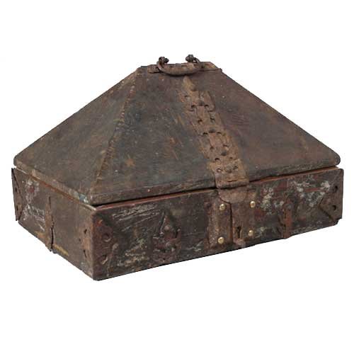 A South Indian Malabar Brass Mounted Teak Nettoor : A South Indian Malabar Brass Mounted Teak Nettoor Box, 19th century, having a hipped, hinged lid with a brass bail on the crest with brass fittings, including a long, fanciful hasp and a square lock e