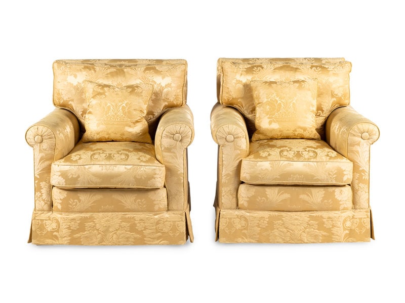 A Pair of Damask-Upholstered Easy Chairs: A Pair of Damask-Upholstered Easy Chairs 20th Century Height 36 x width 34 1/2 x depth 35 inches. This lot is located in Chicago. Condition Seat height 21 inches