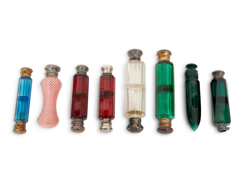 Eight English Silver or Brass-Mounted Glass Scent Bottles (1 of 4)