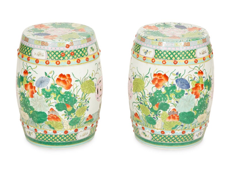 A Pair of Chinese Export Porcelain Garden Seats: A Pair of Chinese Export Porcelain Garden Seats 20th Century Height 19 x diameter 13 inches. This lot is located in Palm Beach. Condition Condition reports are availab