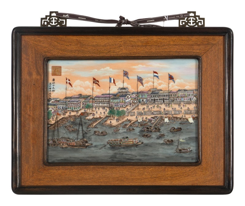 Early to Mid 20th Century
A Chinese Export Painted Plaque Depicting the Quay of Canton (1 of 4)