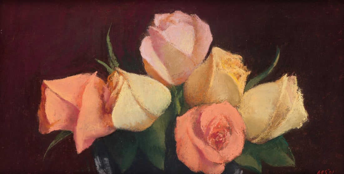 Aaron Shikler (American, 1922-2015) Bouquet of Roses, 2001: Aaron Shikler (American, 1922-2015) Bouquet of Roses, 2001 pastel on board signed with initials AAS and dated (lower right) 7 1/2 x 14 1/4 inches. The Collection of Philip and Judith Sieg, Bellefonte,