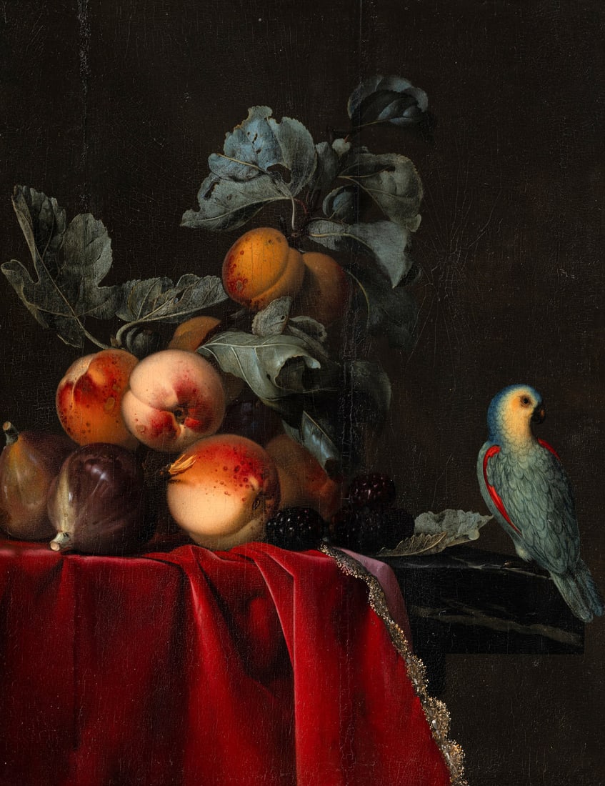 Willem Van Aelst (Dutch, 1627-1683) Still Life with Peaches and a Perroquet, 1651: Willem Van Aelst (Dutch, 1627-1683) Still Life with Peaches and a Perroquet, 1651 oil on panel 16 1/4 x 12 3/4 inches. We are grateful to Fred G. Meijer for endorsing the attribution to Willem van Ael