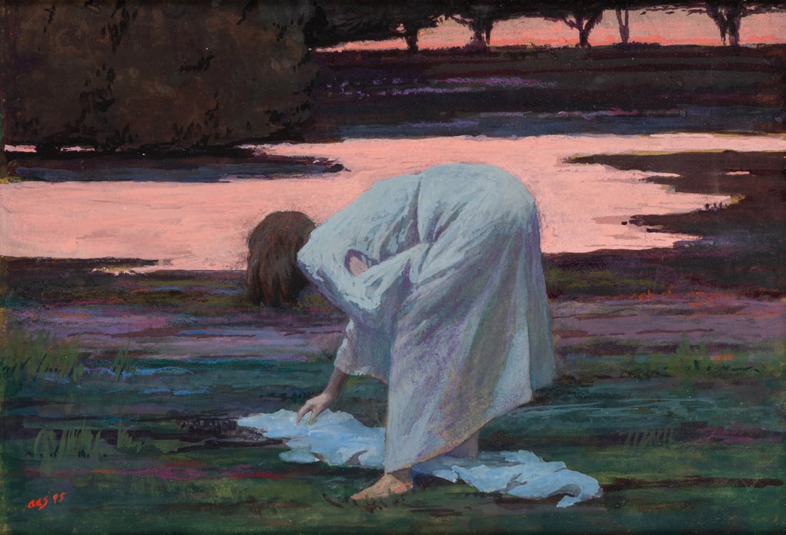 Aaron Shikler (American, 1922-2015) Figure Bending over a Towel, 1995: Aaron Shikler (American, 1922-2015) Figure Bending over a Towel, 1995 pastel and gouache on paper signed with initials AAS and dated (lower left) 6 3/4 x 10 inches. The Collection of Philip and Judith