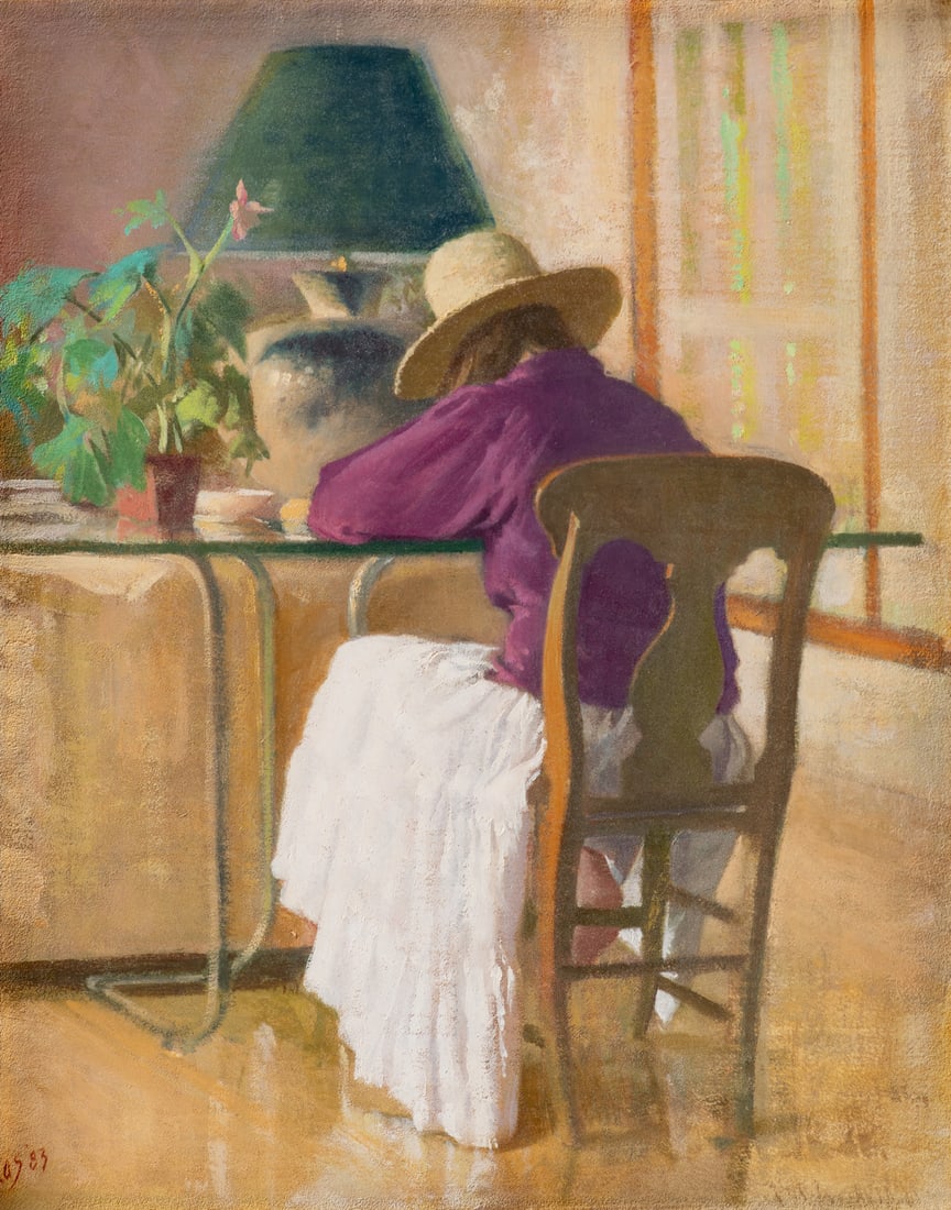 Aaron Shikler (American, 1922-2015) Figure Seated at Desk, 1983: Aaron Shikler (American, 1922-2015) Figure Seated at Desk, 1983 oil on board signed with initials AAS and dated (lower left) 9 7/8 x 7 7/8 inches. The Collection of Philip and Judith Sieg, Bellefonte,