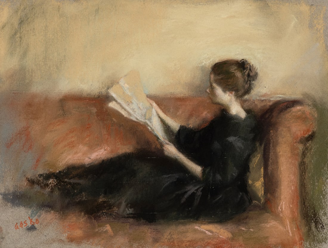 Aaron Shikler (American, 1922-2015) Reading (The Artist's Wife), 1960: Aaron Shikler (American, 1922-2015) Reading (The Artist's Wife), 1960 pastel on paper signed with initials AAS and dated (lower left) 9 1/2 x 12 1/2 inches. The Collection of Philip and Judith Sieg, B