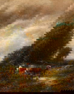 William M. Hart (American, 1823-1894) Cattle in a Landscape, 1884: William M. Hart (American, 1823-1894) Cattle in a Landscape, 1884 oil on canvas signed WM HART and dated (lower right) 16 3/4 x 14 inches. The Collection of Philip and Judith Sieg, Bellefonte, Pennsyl