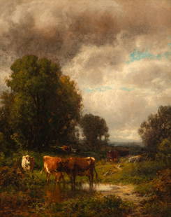 William M. Hart (American, 1823-1894) Cattle in a Landscape, 1884: William M. Hart (American, 1823-1894) Cattle in a Landscape, 1884 oil on canvas signed WM HART and dated (lower right) 16 3/4 x 14 inches. The Collection of Philip and Judith Sieg, Bellefonte, Pennsyl