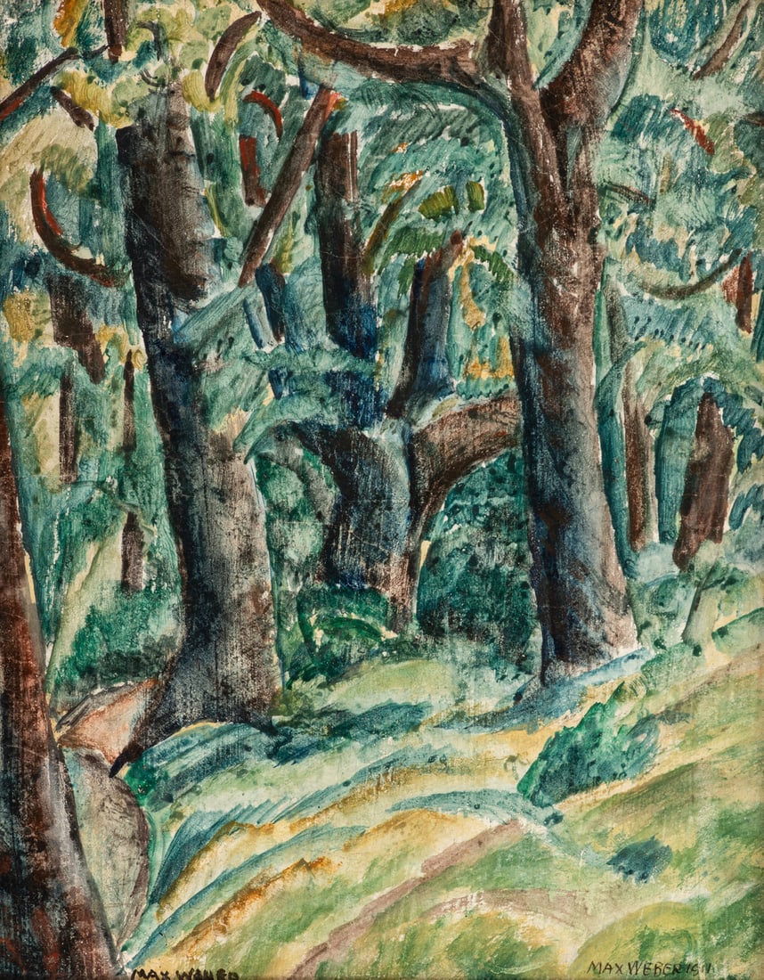Max Weber (American, 1881-1961) Trees in Central Park, 1911: Max Weber (American, 1881-1961) Trees in Central Park, 1911 oil on board signed Max Weber (lower left); signed Max Weber and dated (lower right); bears MW stamp and Forum Gallery label on backing. 10