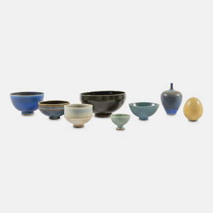 Berndt Friberg (Swedish, 1899-1981) Collection of Eight Vessels, c. 1960: Berndt Friberg (Swedish, 1899-1981) Collection of Eight Vessels, c. 1960 glazed porcelain with signature and studio mark Largest | 2 1/4 x Dia 4 3/4 inches The Collection of Philip and Judith Sieg, Be