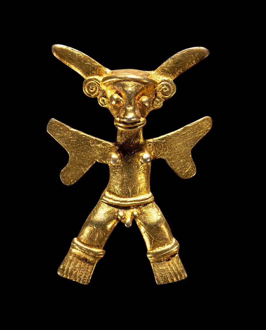 A Veraguas Gold Zoomorphic Pendant: A Veraguas Gold Zoomorphic PendantCosta Rica, Circa 500-1000 A.D.Height 2 1/2 inches (6.4 cm); 10 karat gold; 14.21 dwt. Provenance: Art Market, Canal Zone, Panama. Dora (b. 1920) & David McIlhenny (1