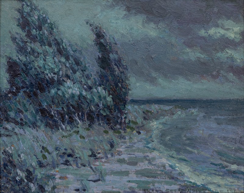 Frank Reed Whiteside (American, 1866-1929) Wind at Night, 1909: Frank Reed Whiteside (American, 1866-1929) Wind at Night, 1909 oil on board signed Frank Reed Whiteside and dated (lower right) 8 x 10 inches. This lot is located in Chicago.