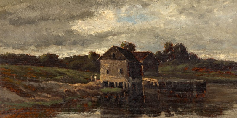 Ann Sophia Towne Darrah (American, 1819-1881) Along the River: Ann Sophia Towne Darrah (American, 1819-1881) Along the River oil on panel signed with initials S.T.D. (lower left) 9 x 17 inches. This lot is located in Chicago. Property from t