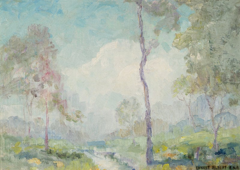 Ernest Albert (American, 1857-1946) Landscape with Trees and Stream: Ernest Albert (American, 1857-1946) Landscape with Trees and Stream oil on canvasboard signed Ernest Albert A.N.A. (lower right) 10 x 14 inches. This lot is located in Chicago. </