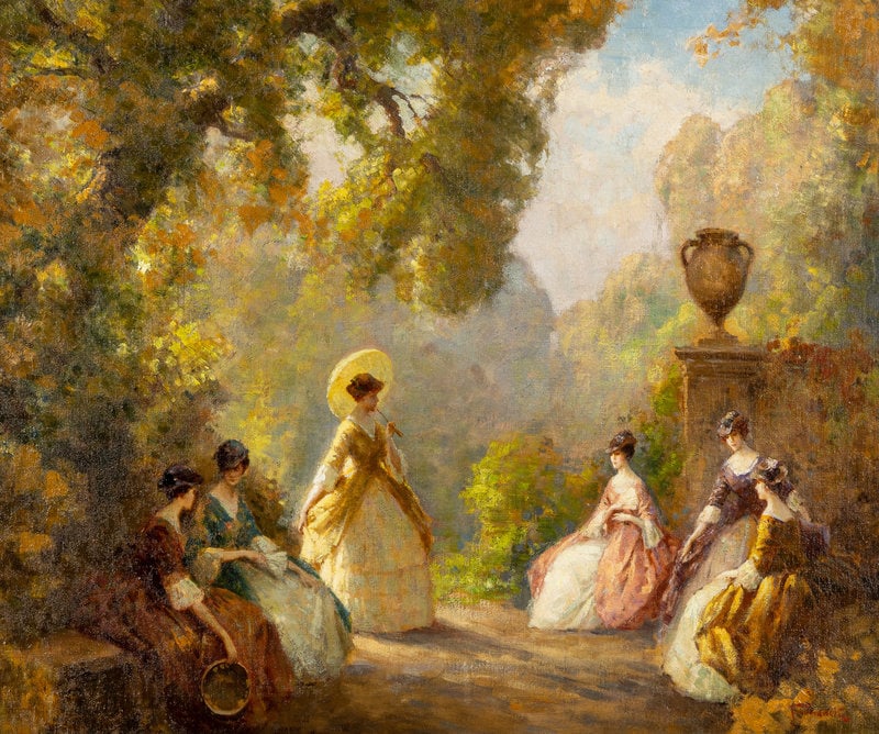 Joseph Tomanek (American, 1889-1974) Ladies in the Garden, 1920: Joseph Tomanek (American, 1889-1974) Ladies in the Garden, 1920 oil on canvas signed Tomanek (lower right) 24 1/4 x 30 1/4 inches. This lot is located in Chicago. Proper