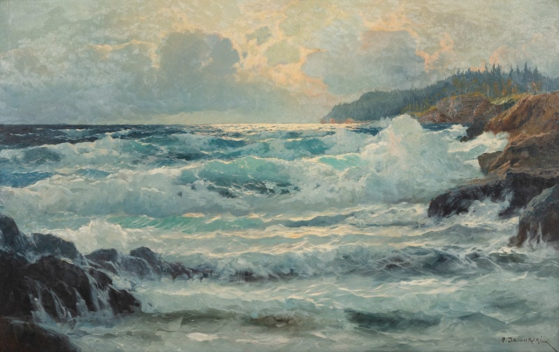 Alexander Dzigurski (American/Yugoslavian, 1911-1995) Crashing Waves Along the Shore: Alexander Dzigurski (American/Yugoslavian, 1911-1995) Crashing Waves Along the Shore oil on canvas signed A. Dzigurski (lower right) 44 1/2 x 69 1/2 inches. This lot is located in Chica