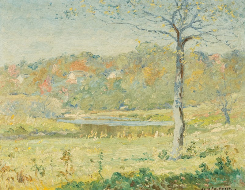Alexis Jean Fournier (American, 1865-1948) Autumn Sunlight: Alexis Jean Fournier (American, 1865-1948) Autumn Sunlight oil on board signed Alex Fournier (lower right); signed and titled (on the reverse) 10 3/4 x 13 3/4 inches. This lot is