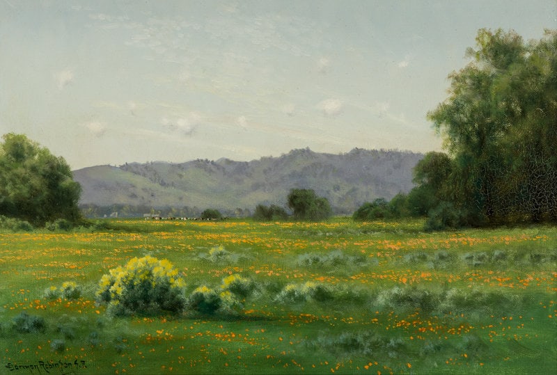 Charles Dormon Robinson (American, 1847-1933) Landscape: Charles Dormon Robinson (American, 1847-1933) Landscape oil on canvas signed Dormon Robinson S.F. (lower left) 12 1/4 x 18 1/4 inches. This lot is located in Chicago. Property fr
