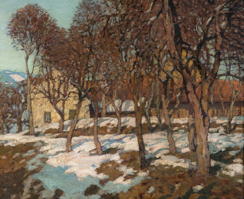 Franz Gruber-Gleichenberg (Austrian, 1886-1940) Snowy Landscape, 1914: Franz Gruber-Gleichenberg (Austrian, 1886-1940) Snowy Landscape, 1914 oil on canvas signed Gruber and dated (lower right) 18 x 22 inches. This lot is located in Chicago. Pro