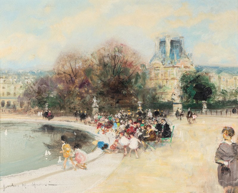 Jules-René Hervé (French, 1887-1981) Bassin des Tuileries: Jules-René Hervé (French, 1887-1981) Bassin des Tuileries oil on canvas signed Jules R. Hervé (lower left); signed (on the reverse) 13 x 16 inches. This lot is located
