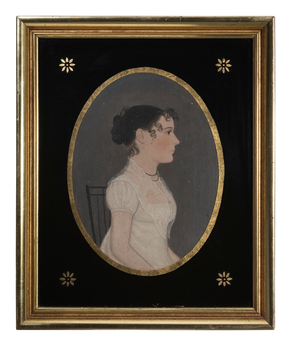 Attributed to Jasper Miles (American, 1782-1849): Attributed to Jasper Miles (American, 1782-1849) Portrait of a Young Woman in White Dress oil on panel unsigned 9 7/8 x 6 7/8 inches. This lot is located in Cincinnati. It is possible that the sitters