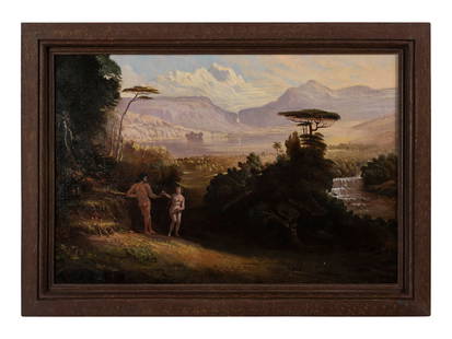 Attributed to Erastus Salisbury Field (American, 1805–1900): Attributed to Erastus Salisbury Field (American, 1805–1900) Garden of Eden circa 1860 oil on canvas 13 x 19 1/2 inches. Field painted two other versions of the Garden of Eden, both more expansive an