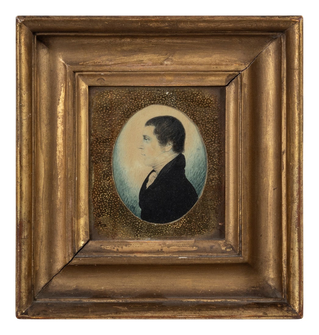 American School, 19th Century: American School, 19th Century Miniature Silhouette Portrait of a Young Man watercolor and pencil on paperboard unsigned, the reverse is an unfinished pencil outline of the sitter set in a period frame