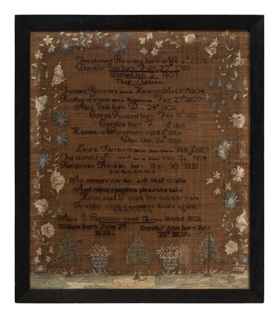 A Needlework Embroidered Family Record, Wrought by Alsa Gale Bowers (1 of 3)