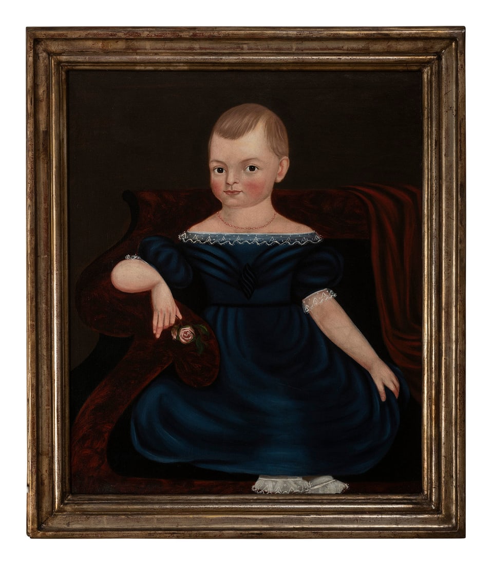 Manner of George Gassner (American, 1811-1861): Manner of George Gassner (American, 1811-1861) Girl in a Blue Dress on a Classical Sofa oil on canvas unsigned 29 1/4 x 24 1/4 inches. This lot is located in Cincinnati. Provenance: Ex-collection, Whi