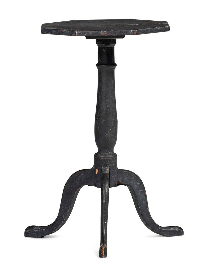 A Federal Blue Painted Maple Octagonal-Top Snake-Foot Candlestand (1 of 3)