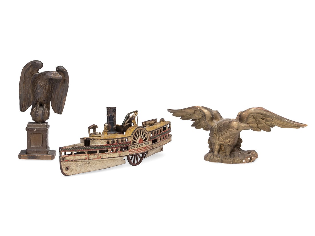 Two Carved and Painted Wood Eagle Finials, and a Cast Iron Paddleboat Boat Toy (1 of 9)