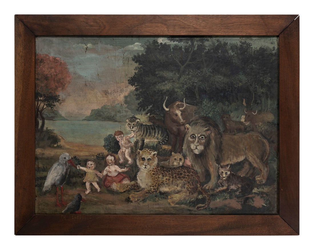 After Edward Hicks (American, 1780-1849): After Edward Hicks (American, 1780-1849) A Peaceable Kingdom oil on canvas unsigned 23 1/4 x 31 3/4 inches. This lot is located in Cincinnati.