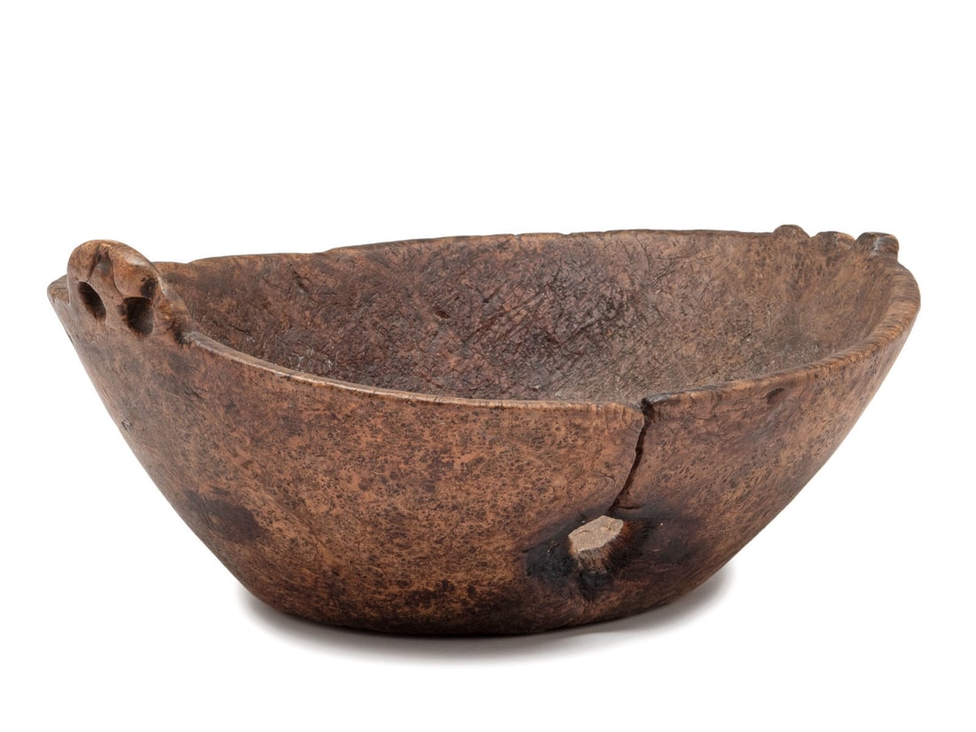 A Carved Wood Handled Burlwood Bowl (1 of 11)