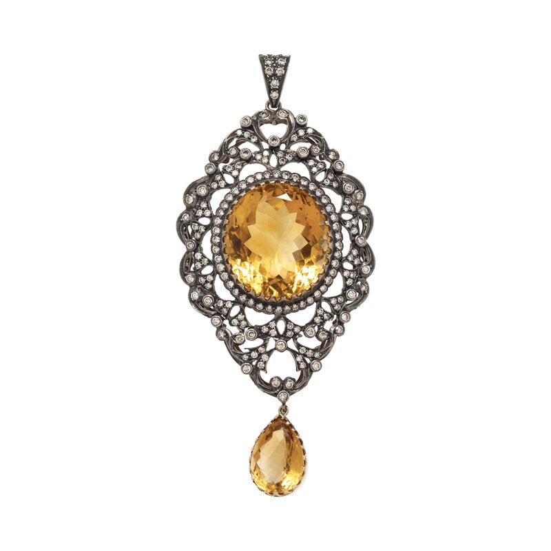 SILVER-TOPPED GOLD, CITRINE AND DIAMOND PENDANT (1 of 2)